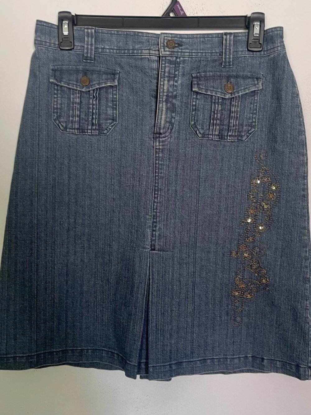 Sag Harbor Women's 10 Y2K Knee Length Jean Skirt Sequin Flower Stitching X